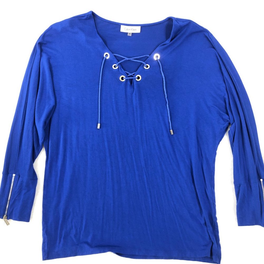 4/$15 Calvin Klein Women's Medium Royal Blue Top Raglan Sleeves Lace Up Front